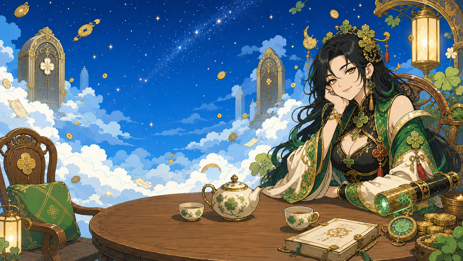 Man-bok sits across from the Goddess of Fortune at a celestial tea table above a sunlit farm and city, with a glowing spyglass and stopwatch between them.