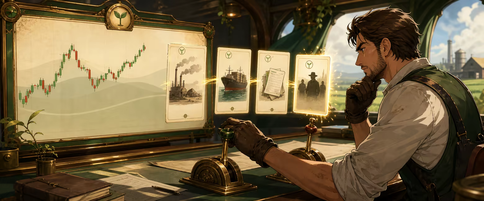 Man-bok studies a candlestick chart and a sequence of illustrated market clues while holding one of two brass trading levers.