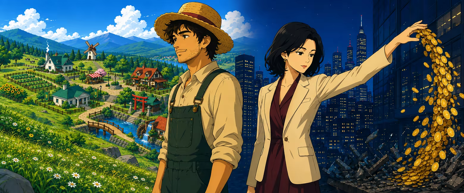 Man-bok stands before a sunlit farm growing into a town while Seo-yun spills a fortune of gold coins against a dark city skyline.