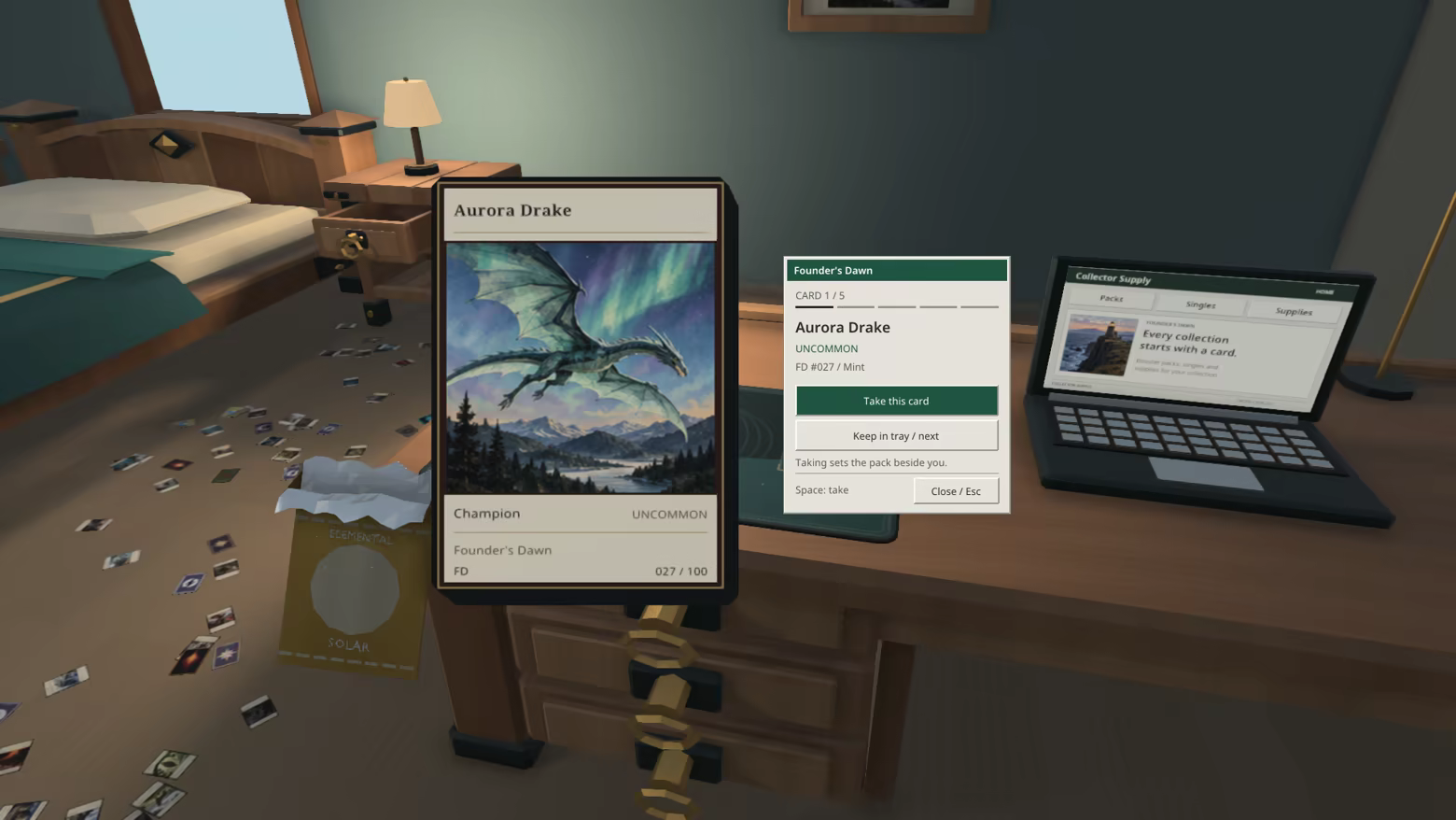 A newly revealed fantasy trading card beside an opened booster pack on a collector’s bedroom desk.