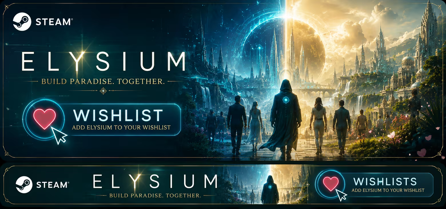 ELYSIUM Wishlist on Steam. Build Paradise Together (banner)