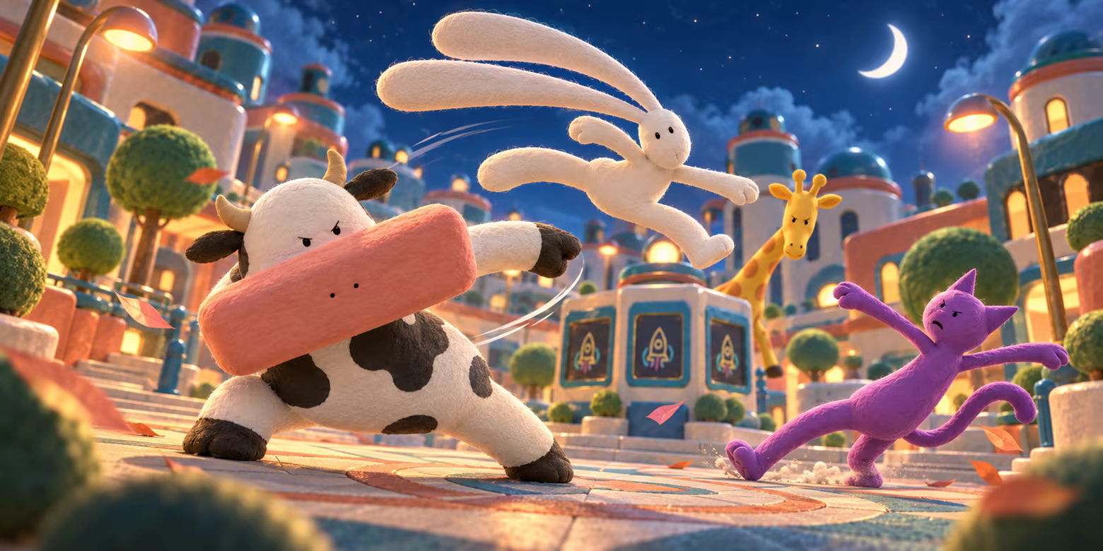 A clay rabbit leaps over a cow's swipe as a purple cat slides away in a moonlit plaza. Brand illustration.