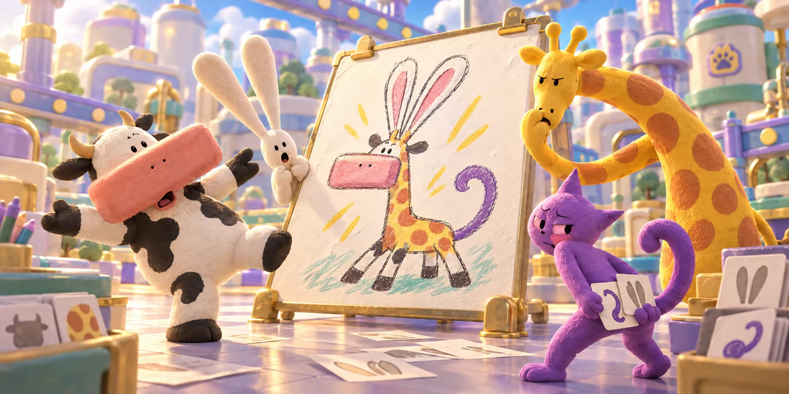 Clay animals react to a drawing combining animal parts while a purple cat swaps sketch cards in a pastel factory. Brand illustration.