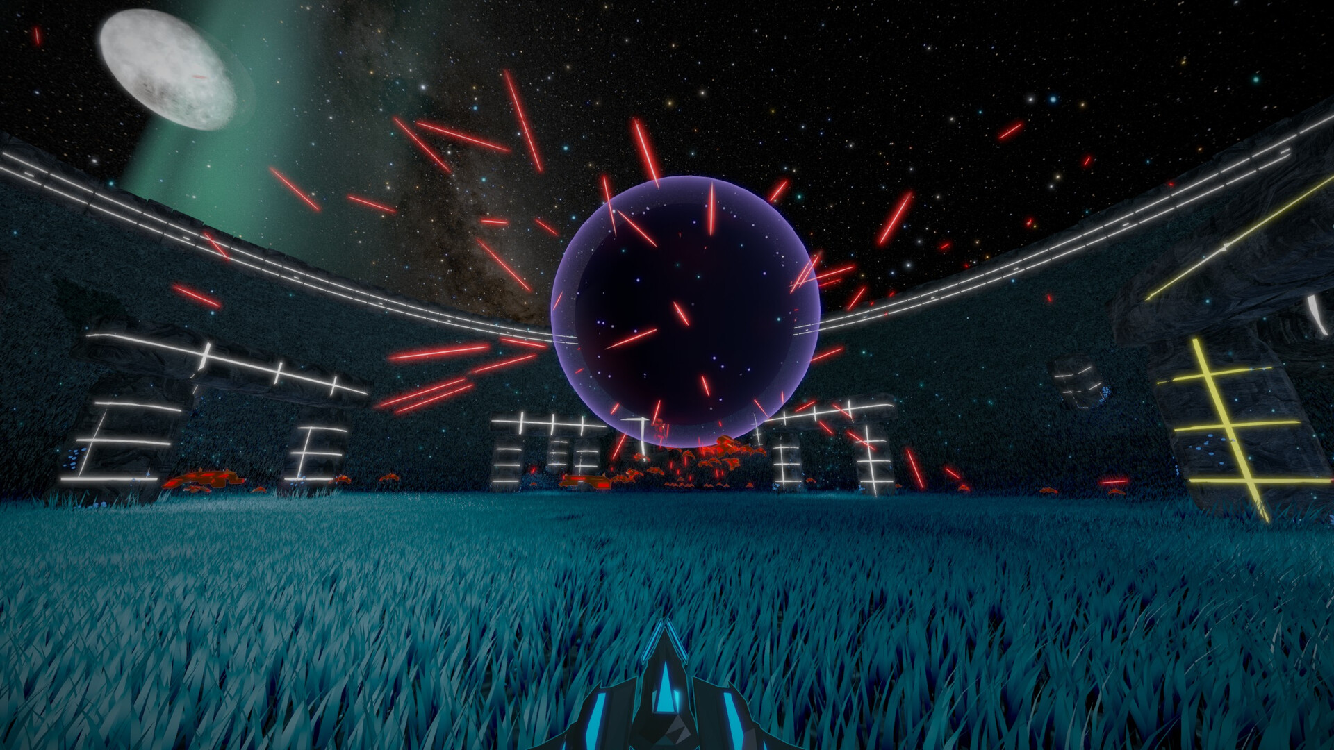 A purple sphere and red projectiles fill an arena beneath a starry sky.