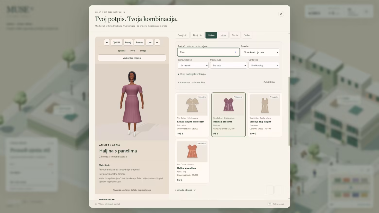 The in-game 3D atelier, showing a model in a pink dress beside the clothing catalogue and styling controls.