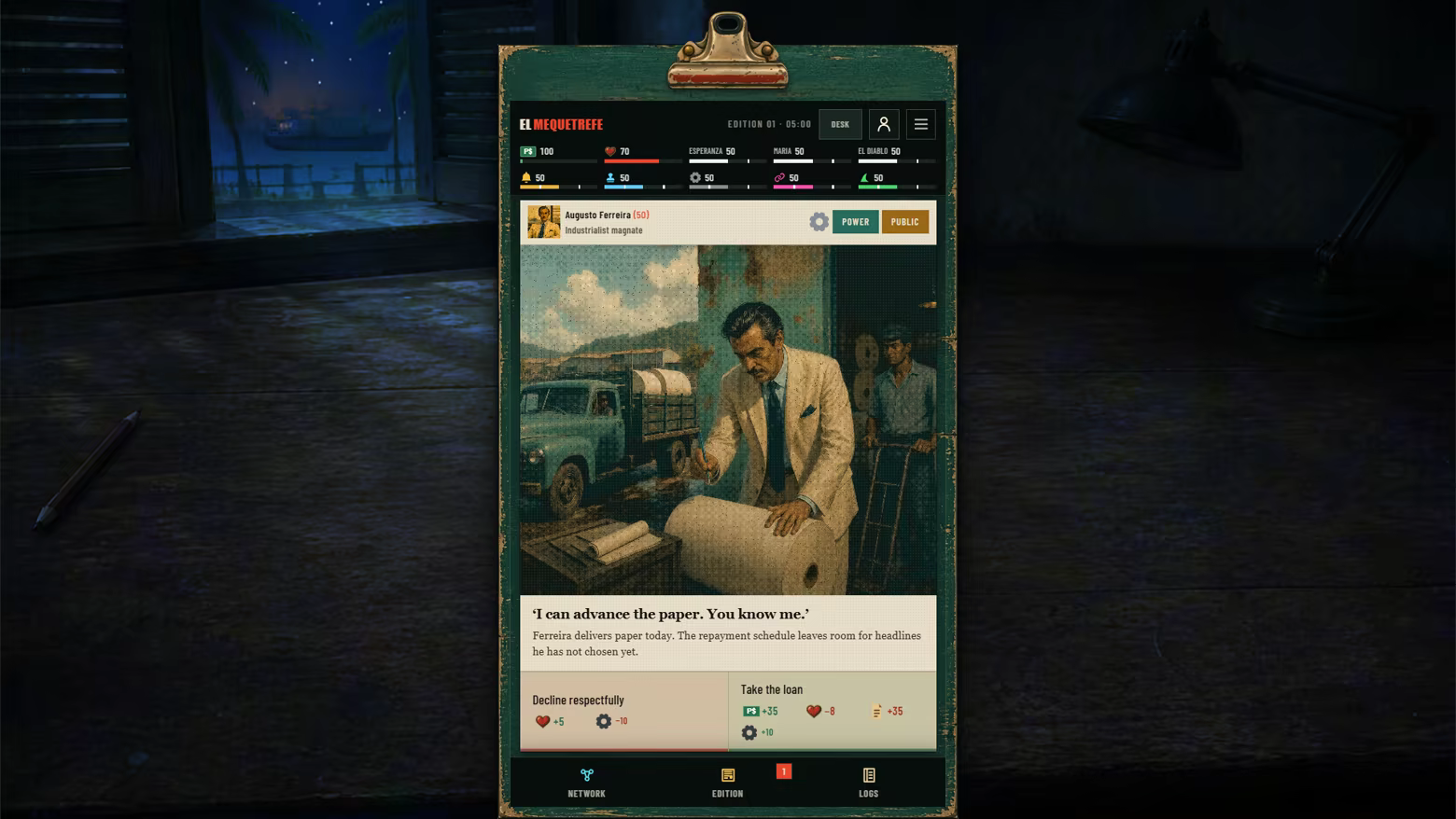 At five in the morning, Ernesto weighs Augusto Ferreira's loan offer at the newspaper desk.