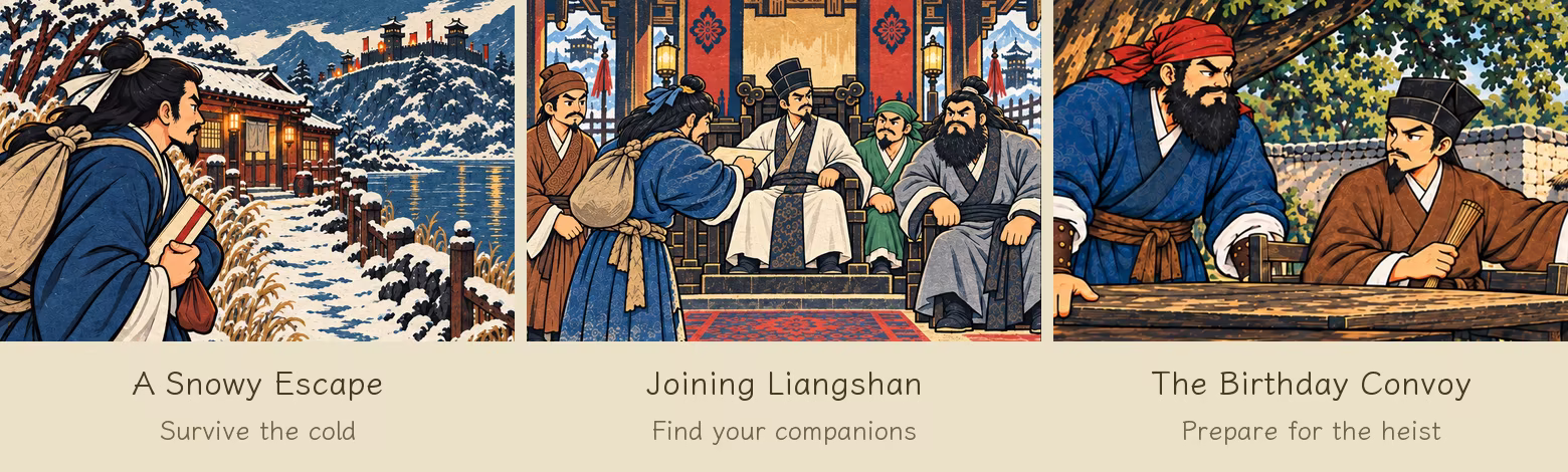 Three chapter comic panels: Lin Chong in the snow, a meeting at Liangshan, and Chao Gai planning with Wu Yong. A Snowy Escape, Joining Liangshan, and The Birthday Convoy.