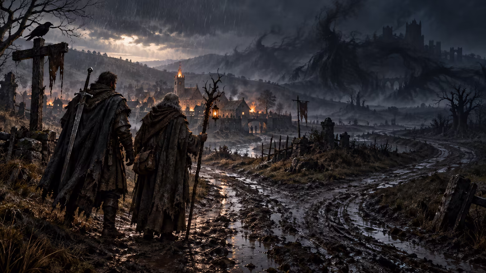 Two cloaked travellers, one with a sword and one with a staff and lantern, walk a muddy road toward a lit village under a dark, spreading blight.