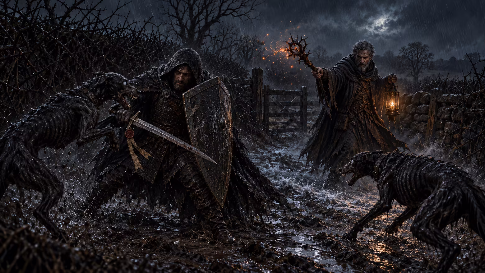 The Blade holds a shield line with his sword ready while the Arcanist throws embers from his staff at lunging hounds.