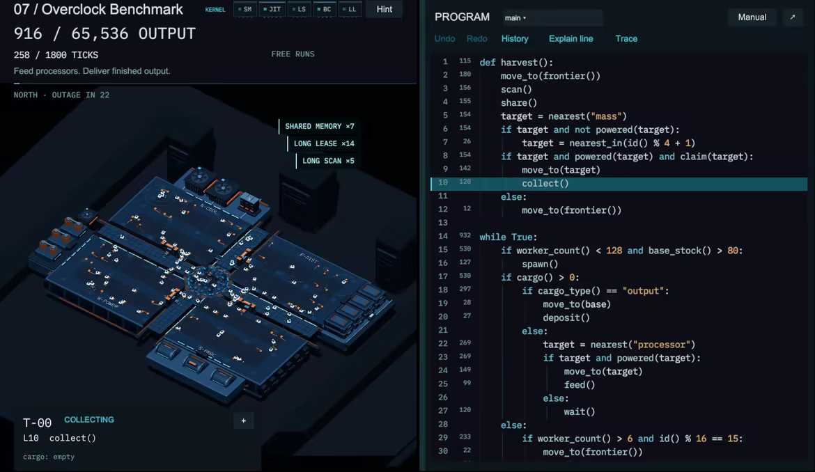 A 128-worker facility operates beside its actual source code, with processing, cargo, and power-aware logic visible.