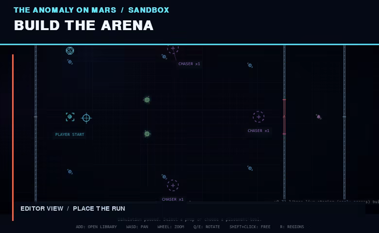Sandbox editor view with a player start, relay chips, enemy spawners, walls and an exit beneath the heading Build the Arena.