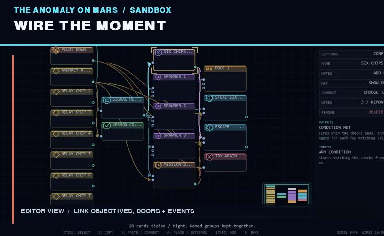 Sandbox logic canvas wiring chip conditions to encounters, a timed escape mission and an exit door beneath the heading Wire the Moment.