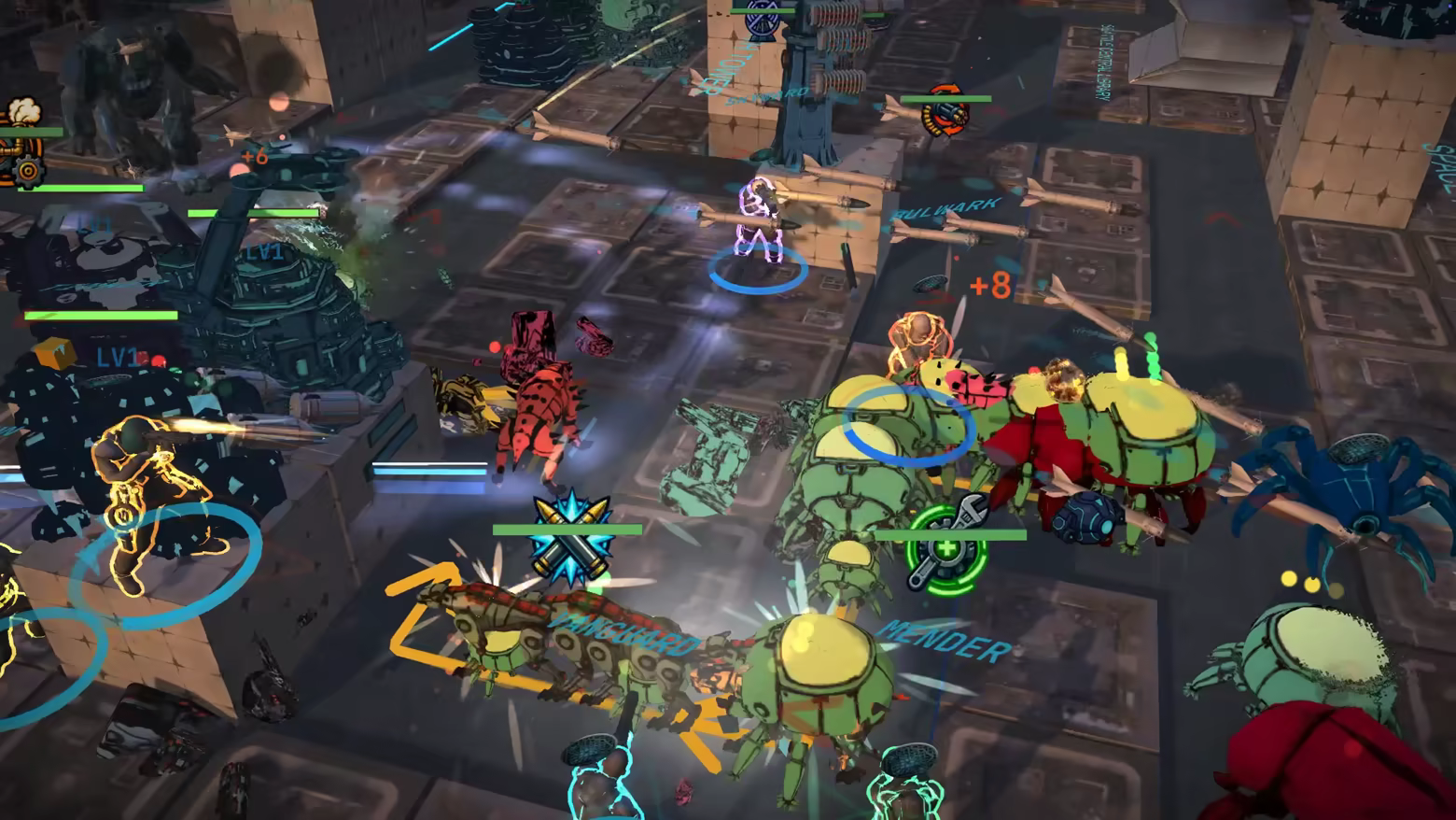 Towers and heroes defend a futuristic city street against waves of robotic enemies.