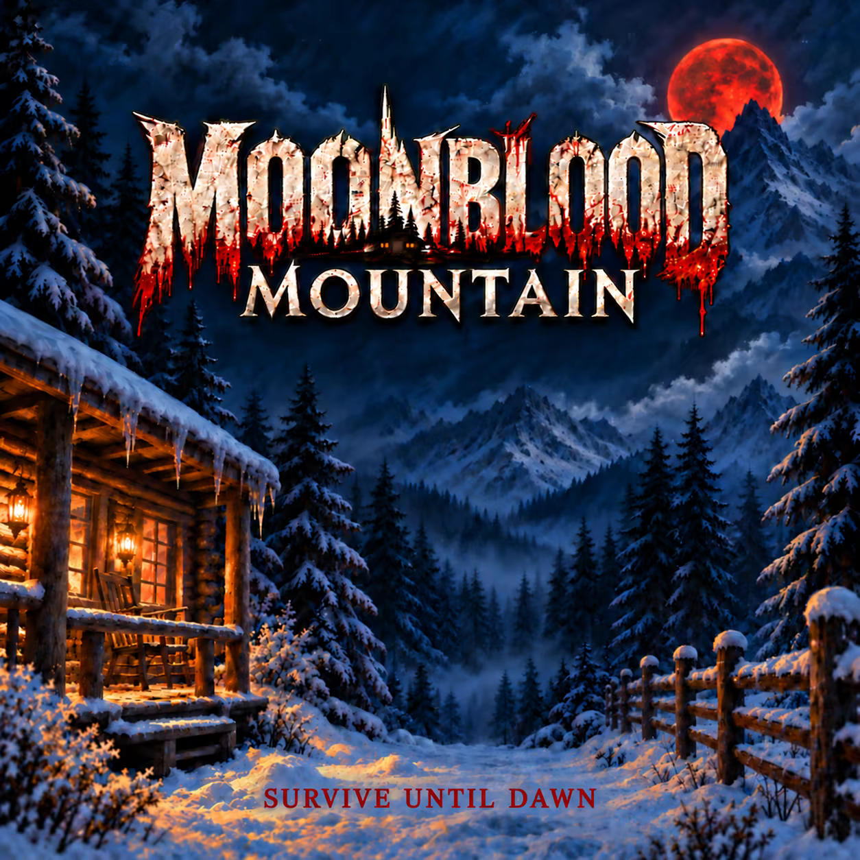 Painted Moonblood Mountain poster showing a snowbound cabin, dark pine forest, mountain peaks and a red moon, with the tagline Survive Until Dawn in deep red at the bottom.
