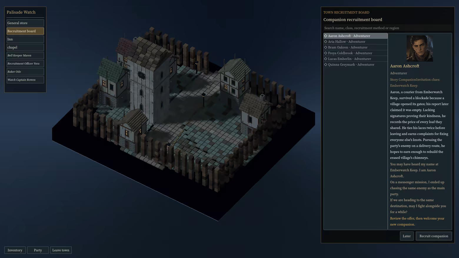 The town recruitment board shows a companion's portrait, story and recruitment controls.