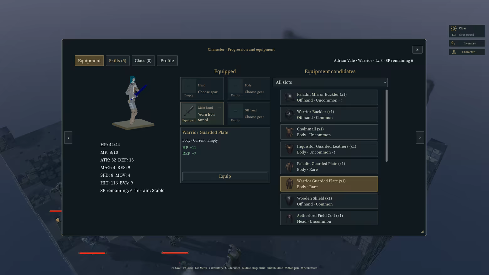 The character equipment screen compares gear and shows the resulting stat changes.