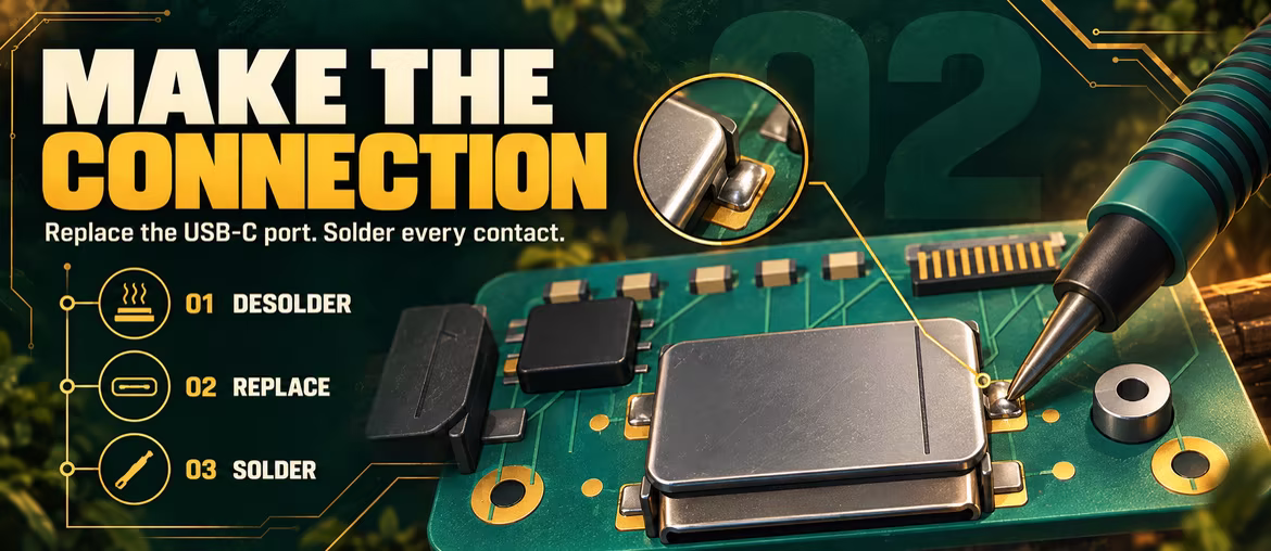 Make the connection. Illustrated USB-C repair: desolder the old port, replace it and solder the contacts.