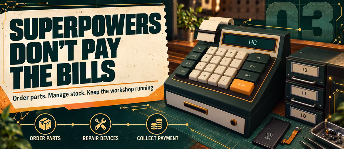 Superpowers don't pay the bills. Cash register and spare parts; order parts, repair devices and collect payment.