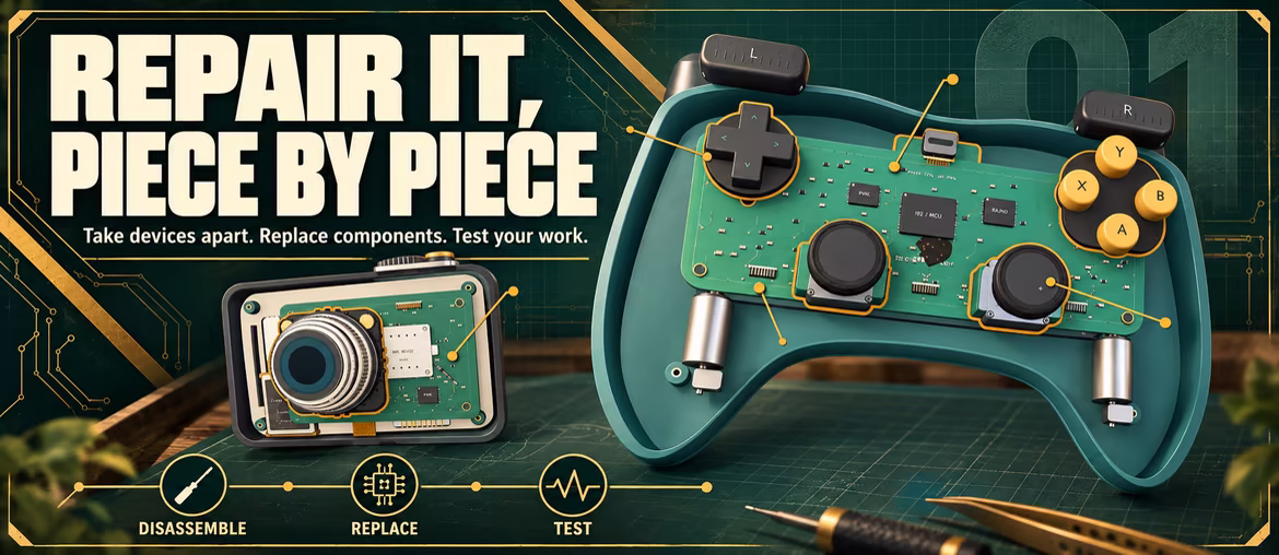 Repair it, piece by piece. Open game controller and pocket camera; disassemble, replace and test.
