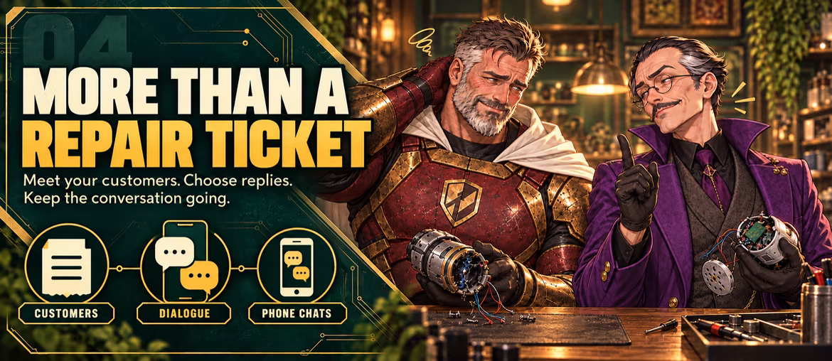 More than a repair ticket. Monolith and Doctor Tomorrow bring broken gadgets; meet customers, choose dialogue and exchange phone messages.