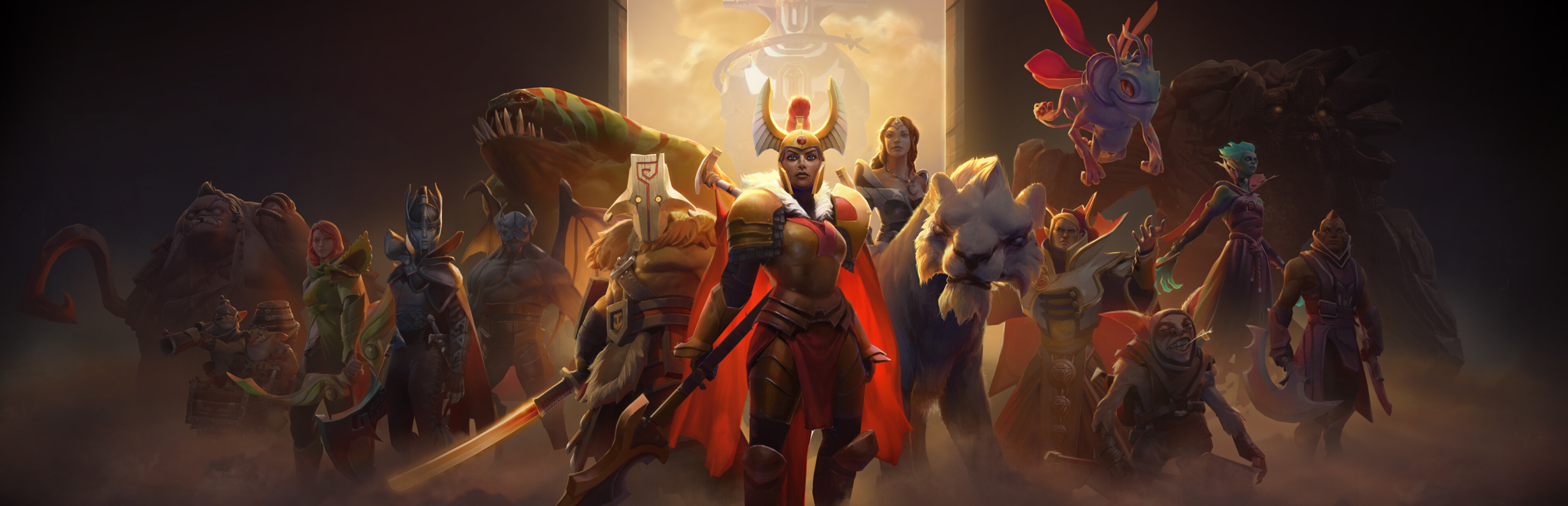 Official Dota 2 scene showing several heroes grouped together before a match to prepare team roles
