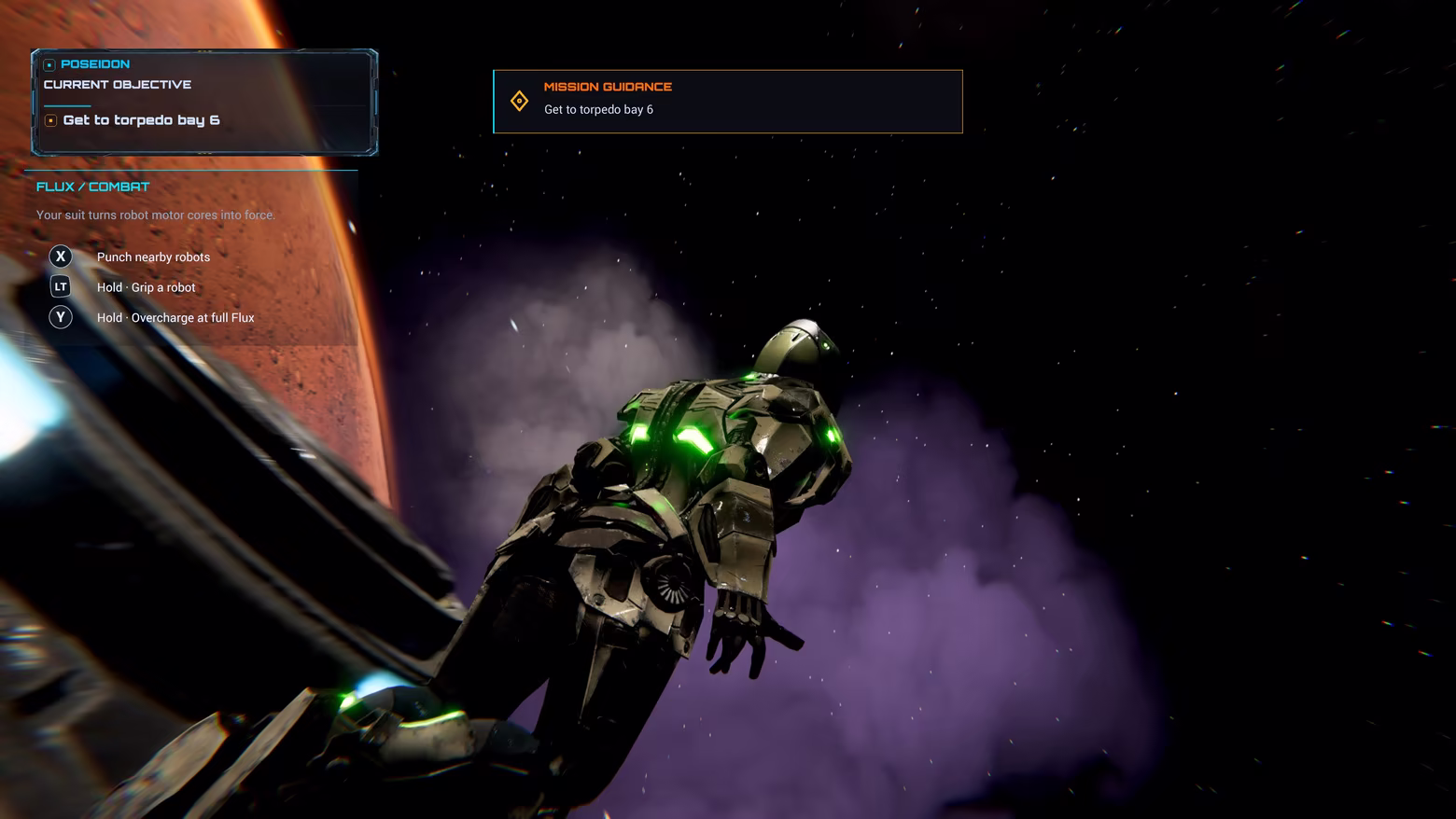 Armored player outside a spacecraft with Mars filling the background. Unity 6 gameplay captured before the September 2026 update; details may differ from the current build.