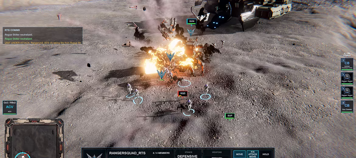 Human infantry and machines fight around a large armored vehicle on the Martian surface, shown through the RTS command interface. Work-in-progress Unity 6 gameplay.