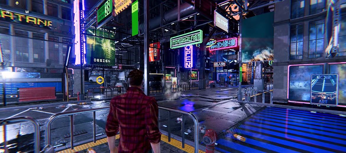 Silas Lane overlooks a neon-lit pedestrian district inside Remnant City in the current public Early Access build.