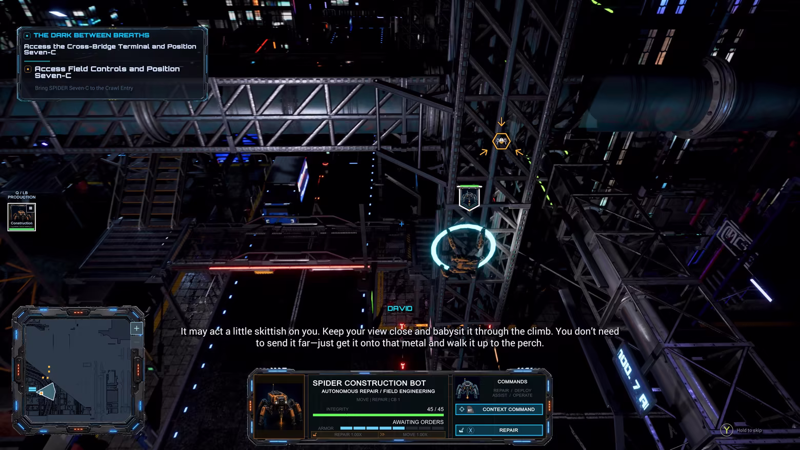 RTS command view of a spider construction bot climbing city infrastructure. Unity 6 gameplay captured before the September 2026 update; details may differ from the current build.