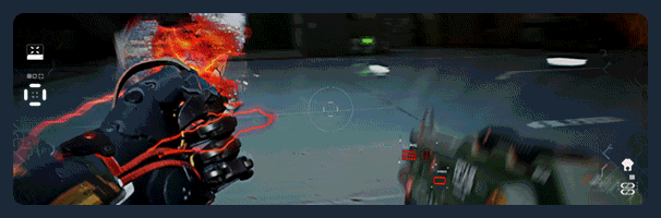 Ảnh GIF gameplay METAL EDEN góc nhìn thứ nhất với nhân vật robot đang chiến đấu, tay phải bốc lửa.